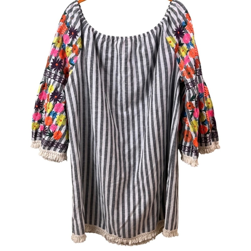 Philosophy Gray White Striped Embroidered Floral Sleeve Dress Linen Boho‎ Large - Picture 5 of 9